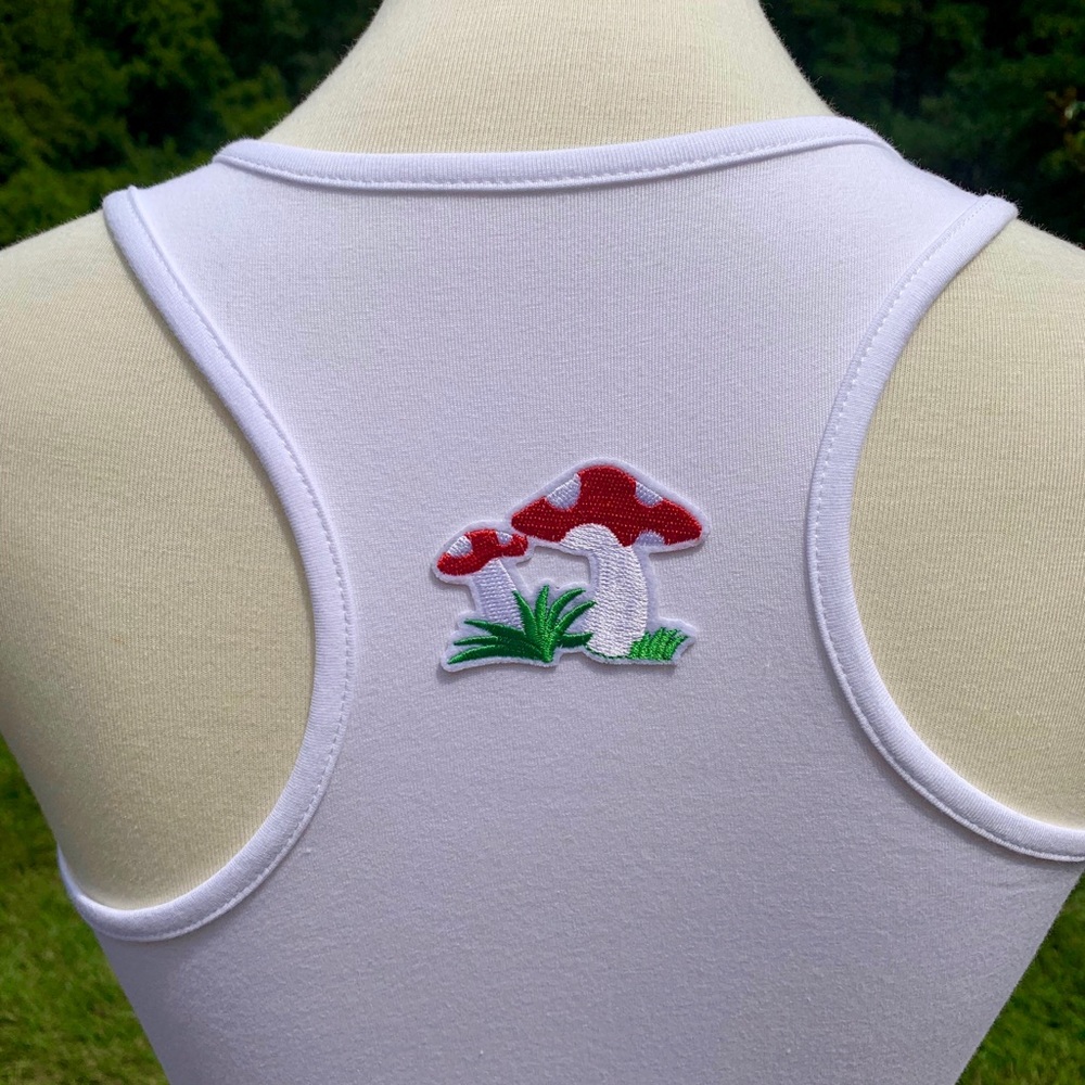 Racerback Tank Top With Embroidered Mushroom Patch, Brand New, Size Medium.